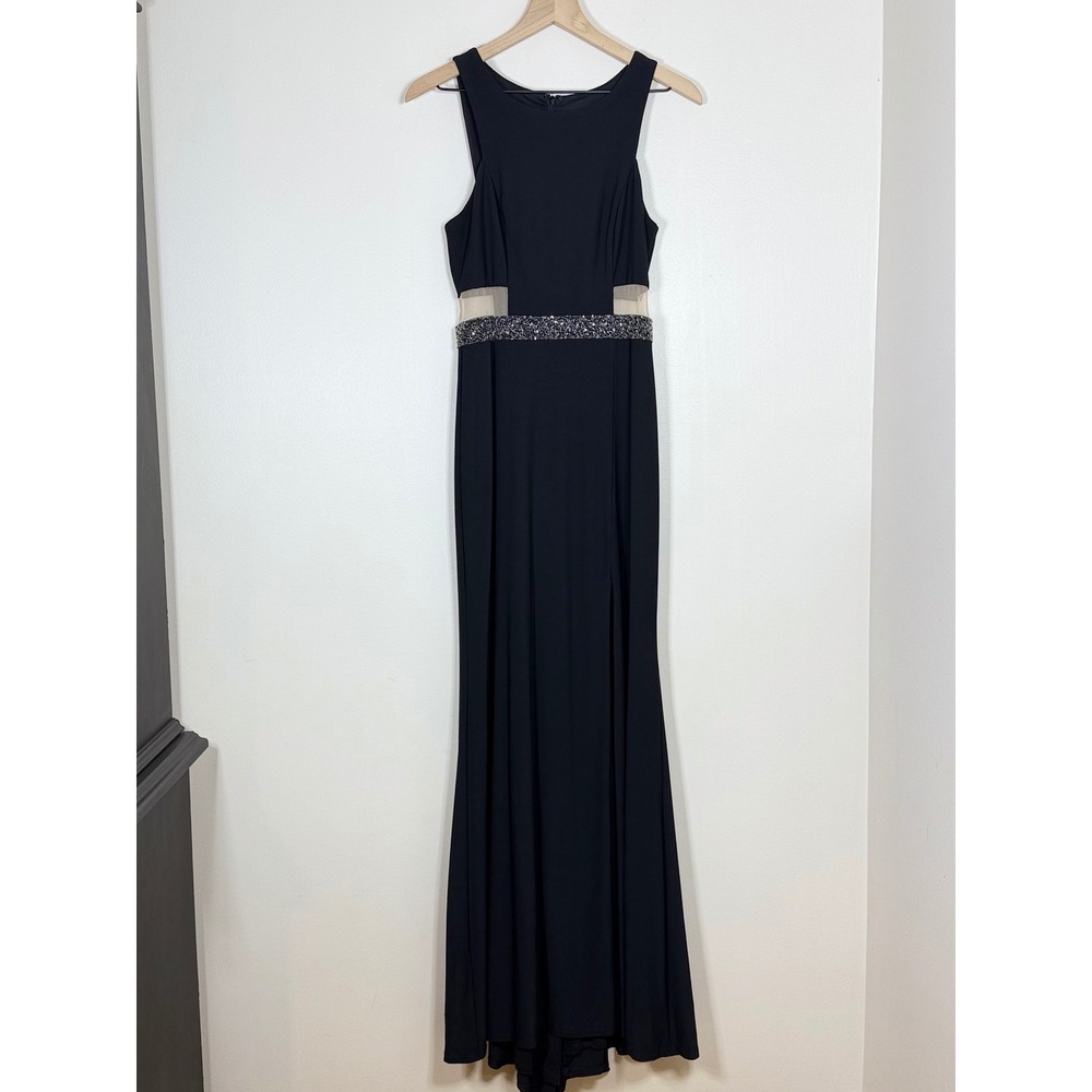 Aqua Womens Formal Gown Size 8 Black Beaded Waist Mesh Cutout Front Slit Elegant